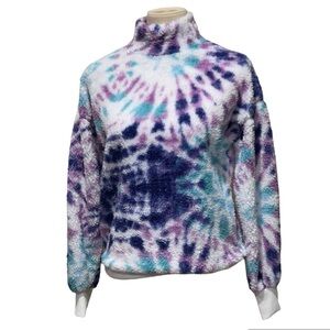 NWT Warm & Cozy Tie Dye Purple Turquoise Fuzzy Pullover Sweater Womens Sm